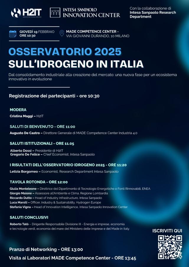 Gioved&igrave; 19 febbraio, a Milano, Intesa Sanpaolo e H2IT presentano i dati dell'Osservatorio Idrogeno 2025
