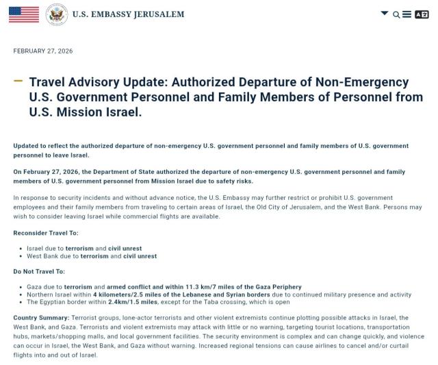 Usa evacua "con urgenza" staff governativo non essenziale da Iraq e Israele e avverte: "Stare a 11,3km da Gaza e 4km da Libano"