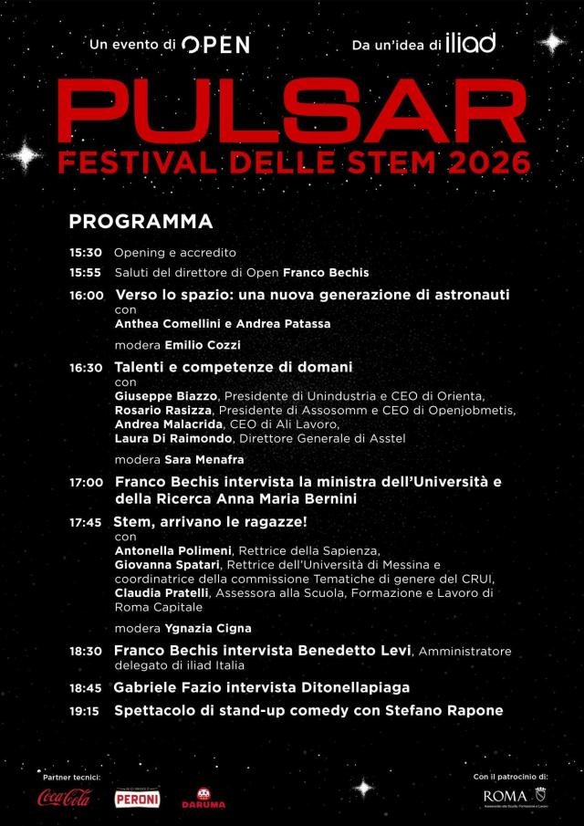 iliad e Open presentano "PULSAR - Festival delle STEM 2026", tra gli ospiti il ministro Anna Maria Bernini e Ditonellapiaga