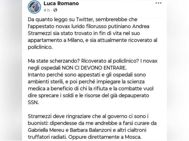 Andrea Stramezzi ricoverato, Luca Romano incita all'odio su Facebook: "Appestato no-vax lurido filorusso, fuori dall'ospedale"