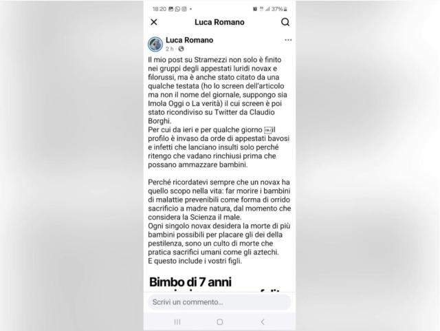 Andrea Stramezzi ricoverato, Luca Romano rilancia: &ldquo;Mio post in gruppi di luridi novax filorussi, loro scopo uccidere bambini&rdquo;