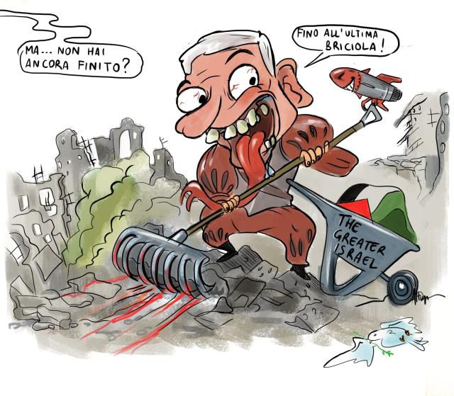 Gaza, la vignetta di Altum sul genocidio palestinese: Netanyahu assetato di potere rastrella macerie per il suo "impero israeliano"