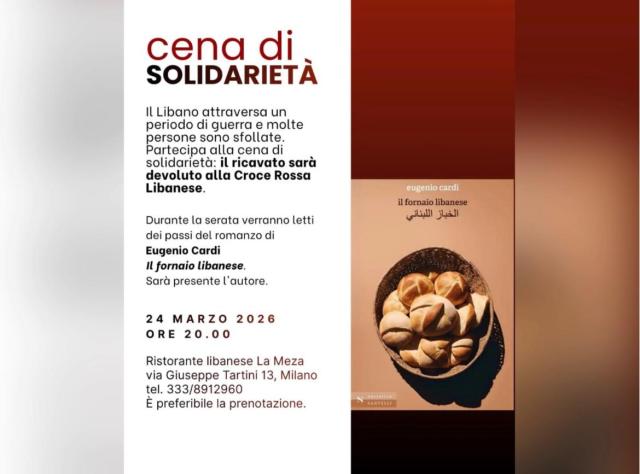 Milano, il 24 marzo cena solidale in favore delle famiglie del Libano sfollate, ricavato devoluto a Croce Rossa Libanese