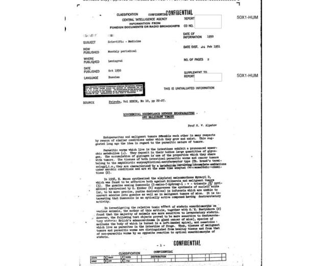 Documento Cia su cancro e vermi parassiti