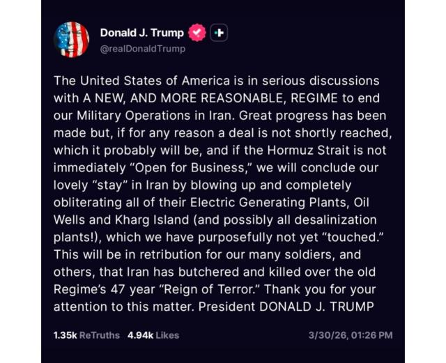 Post su Truth di Trump sull'Iran