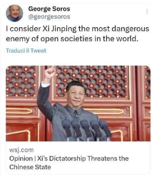 Soros e l'odio sguaiato verso la Cina, Pechino fortilizio di resistenza all'imperialismo globalista a stelle e strisce