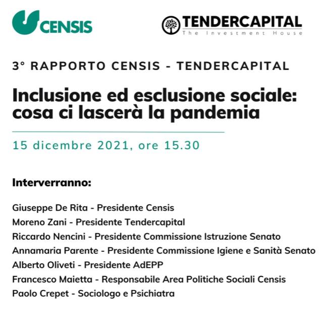 Domani la presentazione del terzo Rapporto CENSIS-Tendercapital