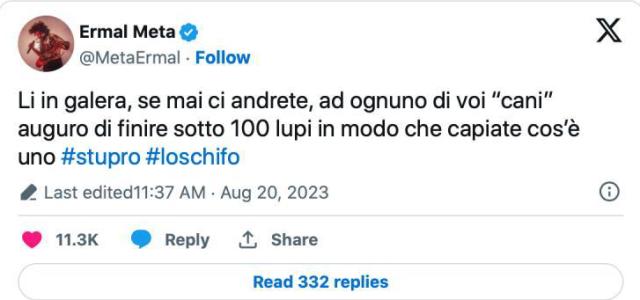 Ermal Meta, commento stupro Palermo: "A voi cani auguro di finire in galera sotto 100 lupi", e il web s'indigna