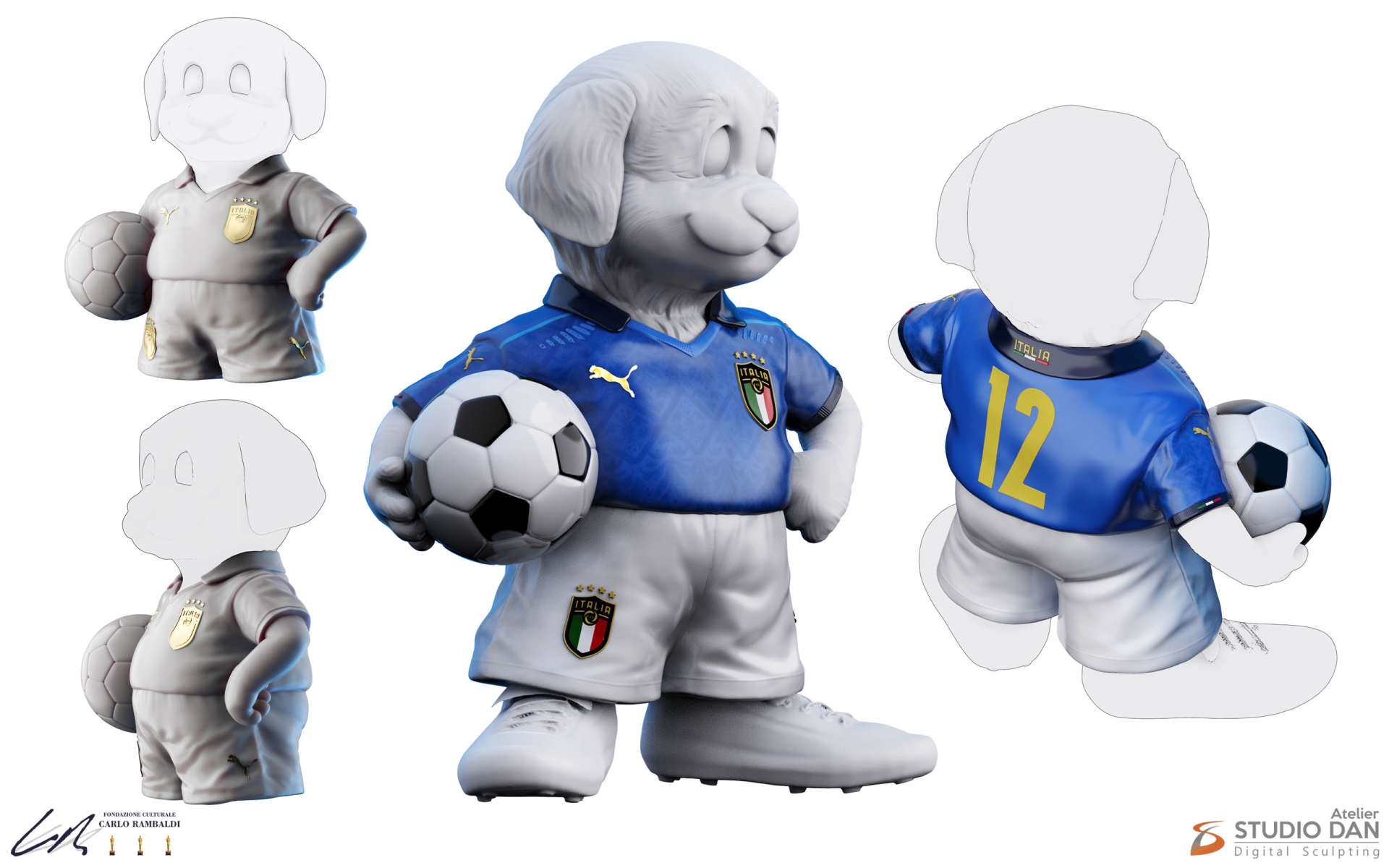 Prime fasi di elaborazione e studio della Mascotte partendo dal disegno originale di Rambaldi.