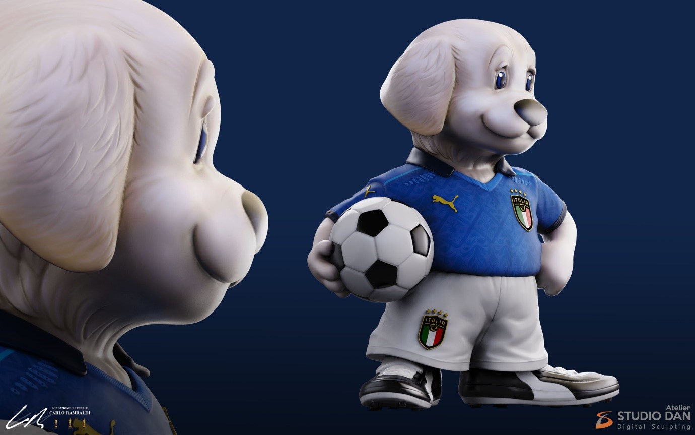 Rendering realistico e colorato della scultura digitale.