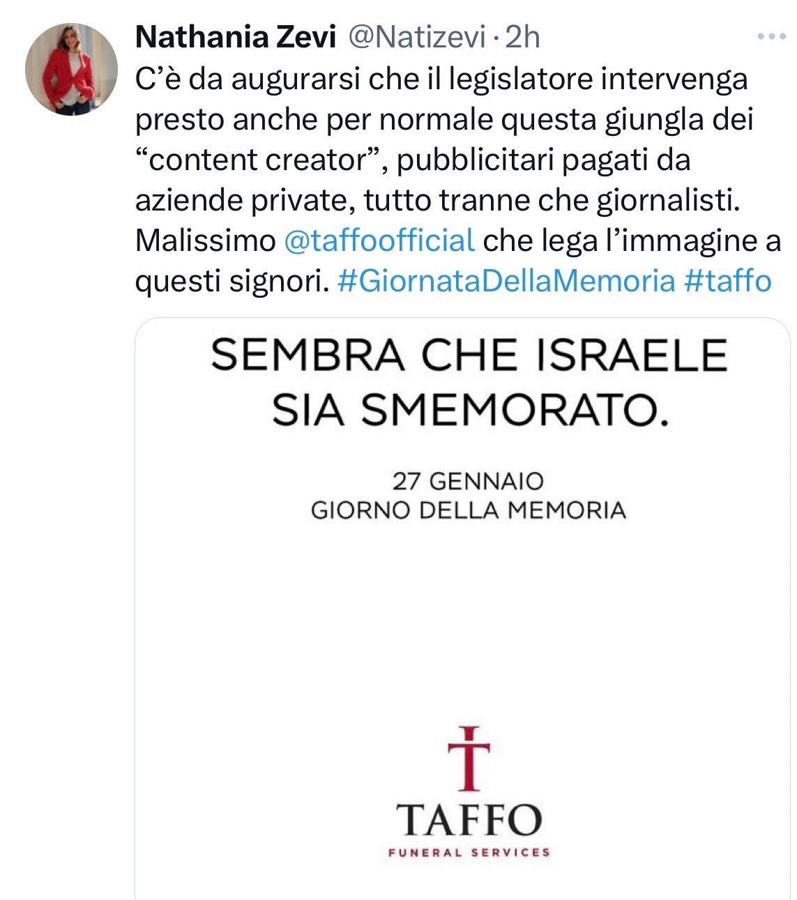 Commento della Zevi sul meme di Taffo
