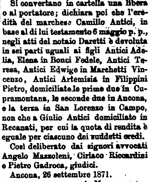 Gazzetta Ufficiale 1871 - L'eredità del marchese Camillo Antici suddivisa fra i figli, inclusa Adelaide Leopardi