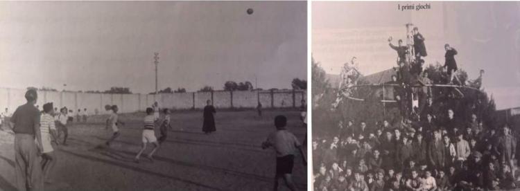 Foto ritraente ragazzi dell&rsquo;Opera salesiana giocare a pallone e con una giostra (fonte: la Mamma dei Salesiani di Salvatore Barone, Unione ex allievi di Don Bosco-Brindisi 2003)